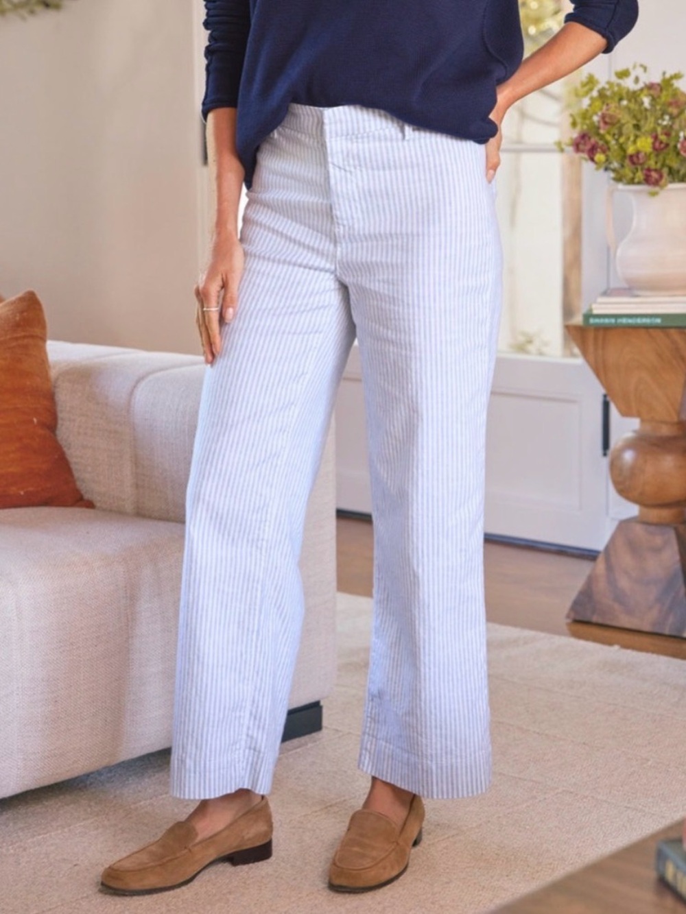 Frank & Eileen Wexford Linen Wide Blue and Shite Striped Pants - Size 10